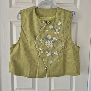 Spring Blossom Embroidered Green Vest NWOT
